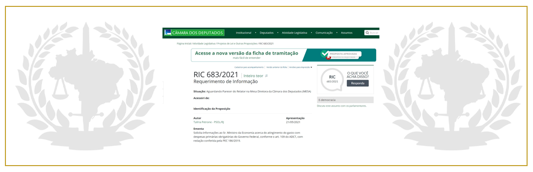 DEPUTADA TALÍRIA PETRONE SOLICITA INFORMAÇÕES SOBRE PANORAMA DAS DESPESAS PRIMÁRIAS OBRIGATÓRIAS DO GOVERNO FEDERAL A PARTIR DE SOLICITAÇÃO DA ANAUNI